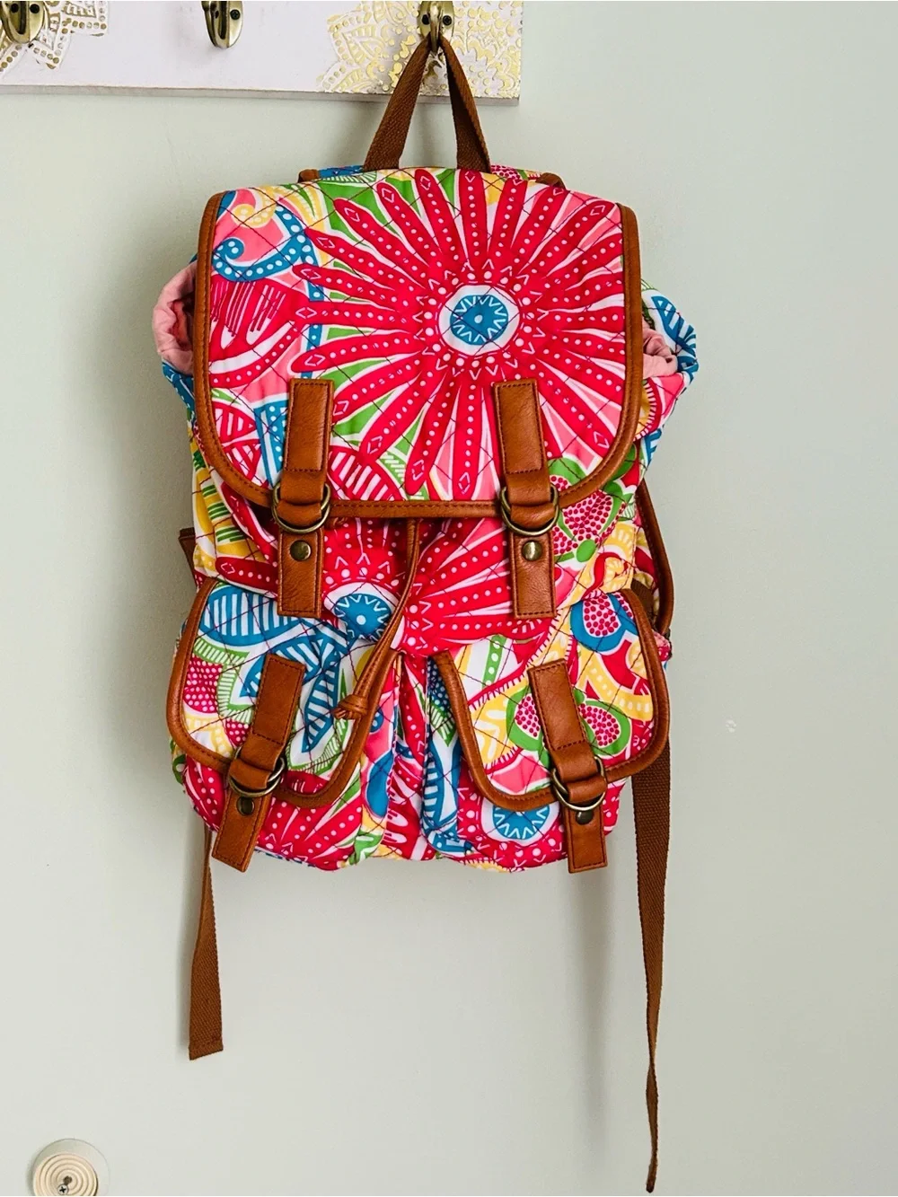 Vibrant Pink Multi-Color Printed Backpack with Brown Trim